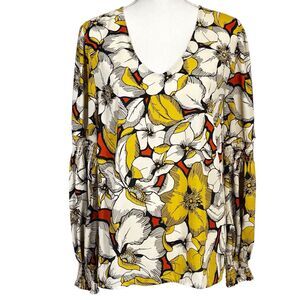 Cabi Sequel Tunic Top Womens Medium Floral Print Balloon Sleeves Smocked Cuff